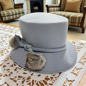 Betmar New York Gray Wool Hat with Faux Fur Pom Accents – Wide Brim Cloche